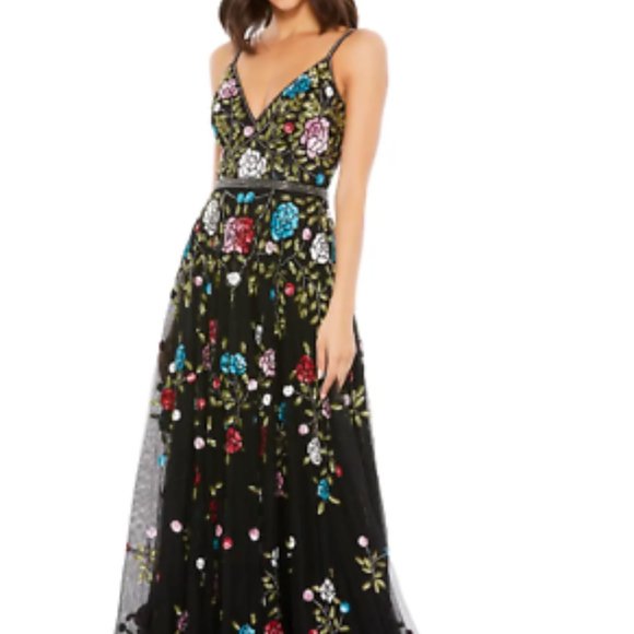 MAC DUGGAL FLORAL EMBELLISHED A-LINE BLACK MULTI COLOR GOWN sz 14 - Picture 5 of 8